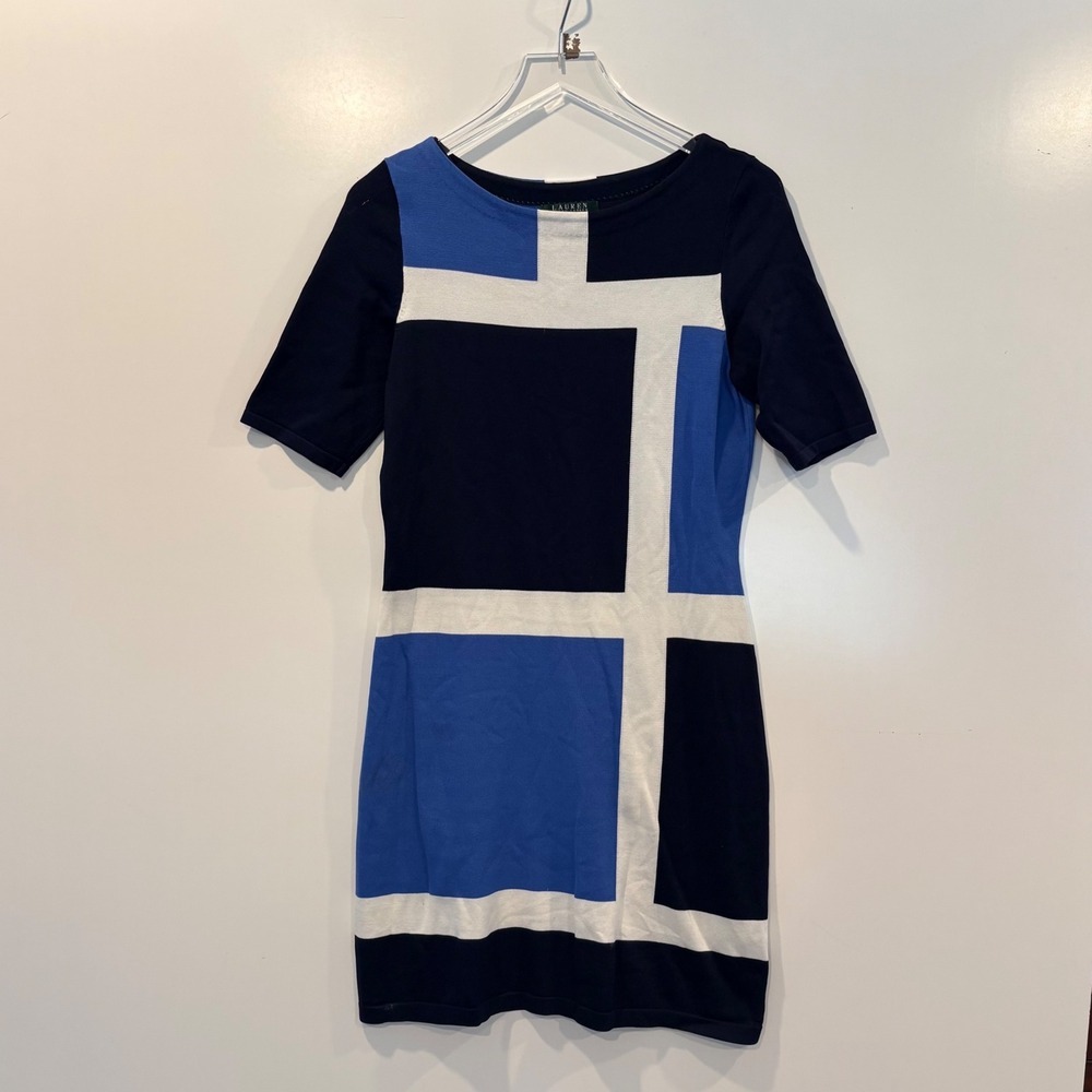 LAUREN‎ Ralph Lauren Women's Blue White Navy Geometric Block Knit Dress Size M